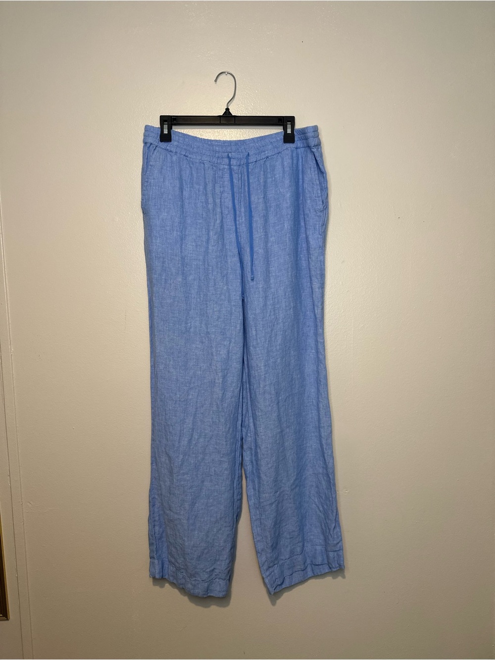 Talbots Blue Women Linen Drawstring Pocket Straight Leg Flat Front Pants L